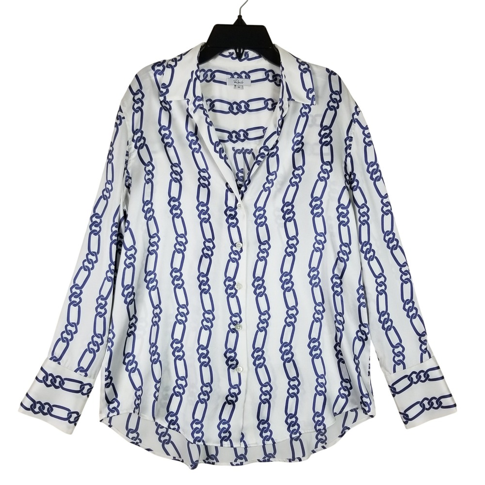Rails Silk Button Down Blouse Womens XS White Blue Chain Link Print Top